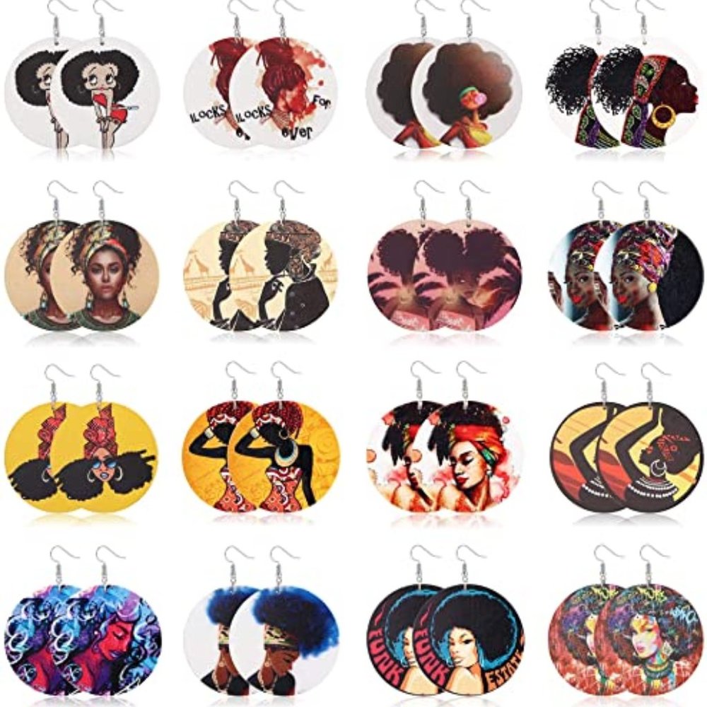 12 pairs Assorted Round African Queens Light Weight Wooden Painted Earrings